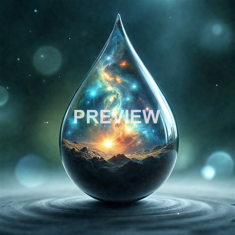 A glass teardrop-shaped container with a landscape of mountains and a vibrant, star-filled galaxy inside, set against a blurred, dark background with soft light spots.